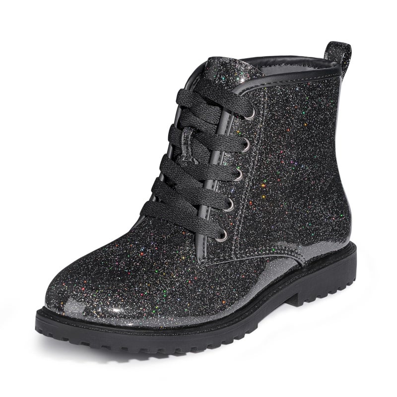 FITORY Girls/Boys Ankle Combat Boots with Side Zipper and Lace-Up, Waterproof Glitter Style, Easy On/Off Sparkle Shoes for Toddler/Little Kid/Big Kid Black Gypsophila Size 1